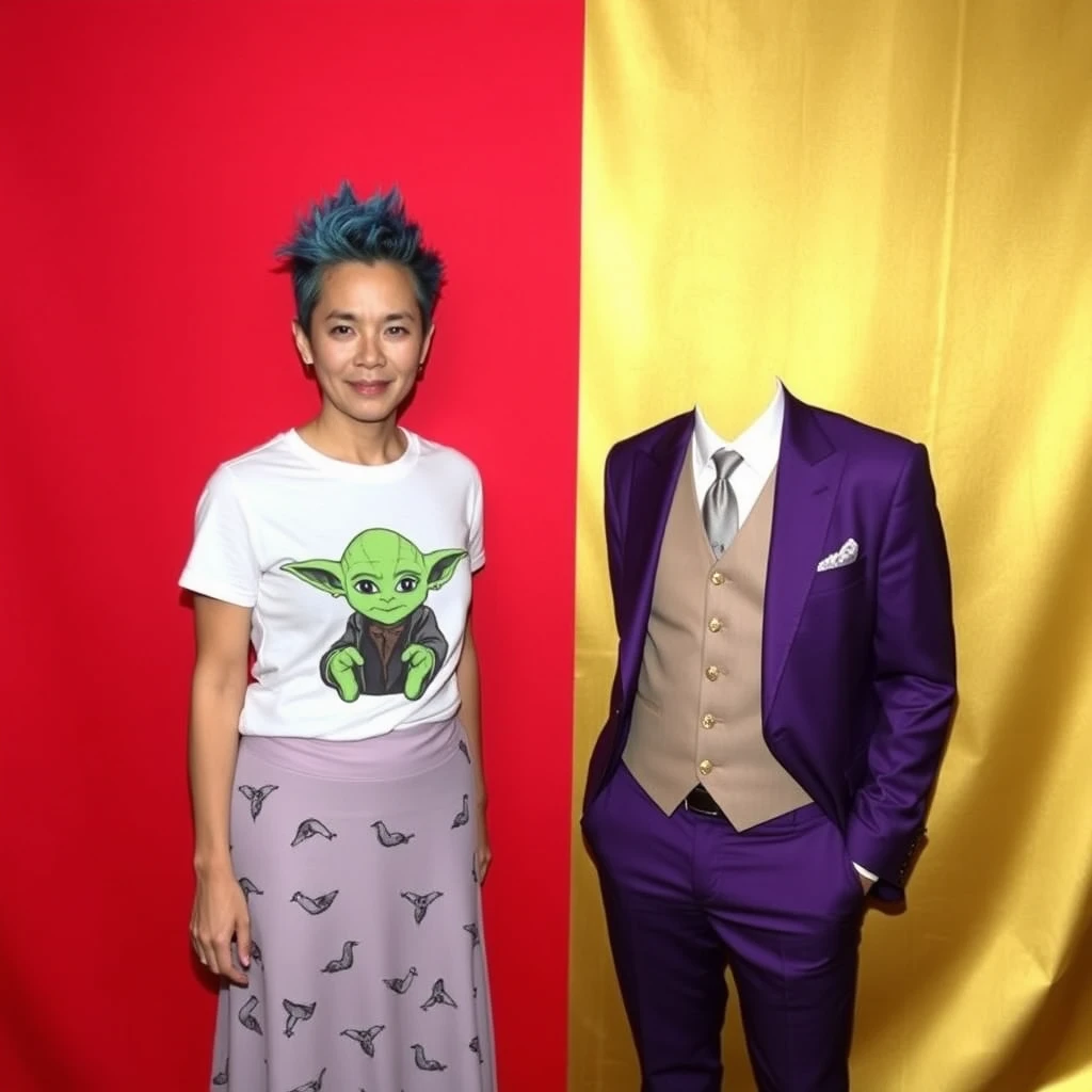 A man and woman are standing together against a backdrop, which is divided equally in half down the middle; the left side is red, and the right side is gold. The woman is wearing a t-shirt with a Yoda motif and has a long skirt with birds on it. The man is wearing a three-piece purple suit and has spiky blue hair. - Image