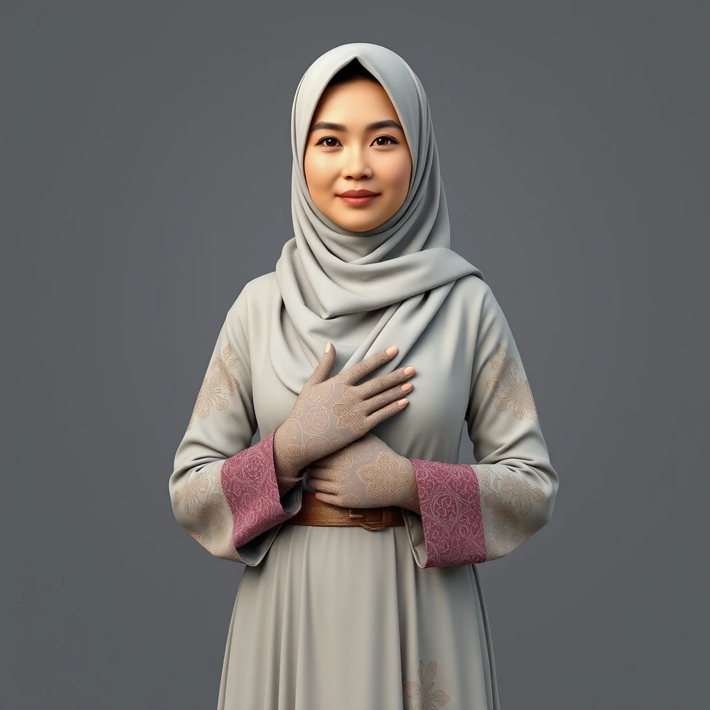 A 3D, 8k depiction of a Muslim woman from Palembang, wearing a traditional long songket and a long gown (gamis). She is adorned with a hijab that covers her chest and wears batik gloves covering her hands.