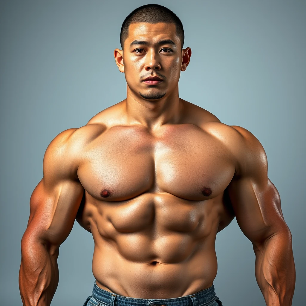 a full body portrait of muscular (beefy:1.2) asian male, buzz cut, hd, 32k uhd, real