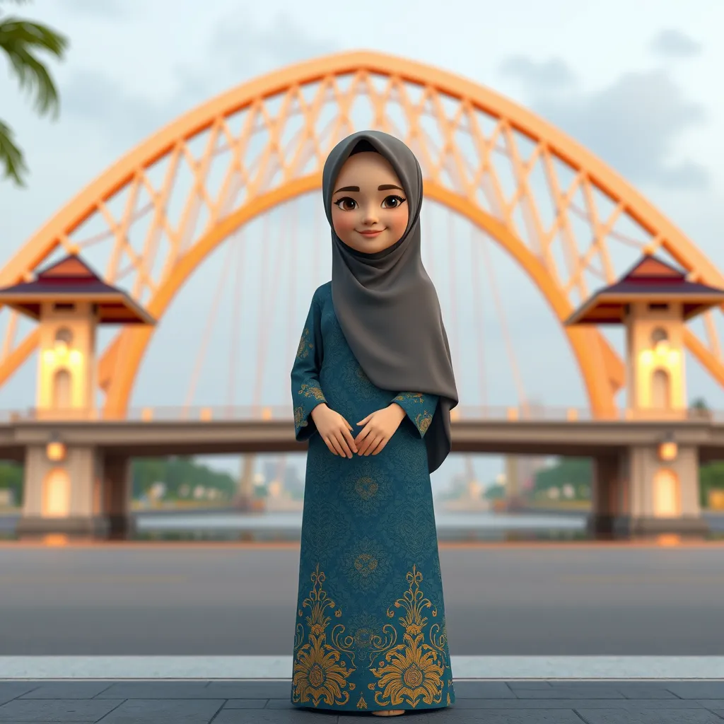 A 3D cartoon animation of a Muslim woman from Palembang, Indonesia, wearing a traditional long songket dress. She stands gracefully in front of the iconic Ampera Bridge, which arches beautifully in the background. The scene is rendered in stunning 8k resolution, capturing the vibrant colors and intricate details of the songket fabric. The woman's expression is serene and peaceful, with a gentle smile. The overall atmosphere is warm and welcoming, showcasing the cultural beauty and elegance of Palembang. - Image