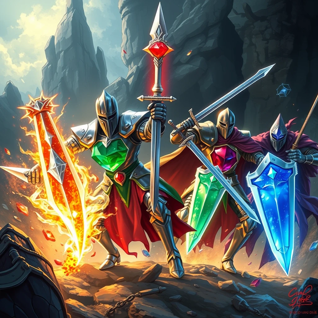 Four knights battle in a fantasy scene reminiscent of LOTR: a diamond knight, an emerald knight, a ruby knight, and a sapphire knight.