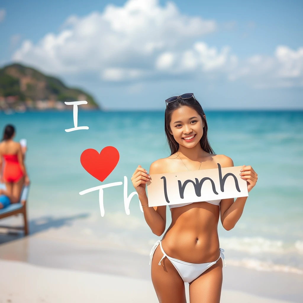 A young woman in a bikini holding a sign with the text "I love Thinh". - Image