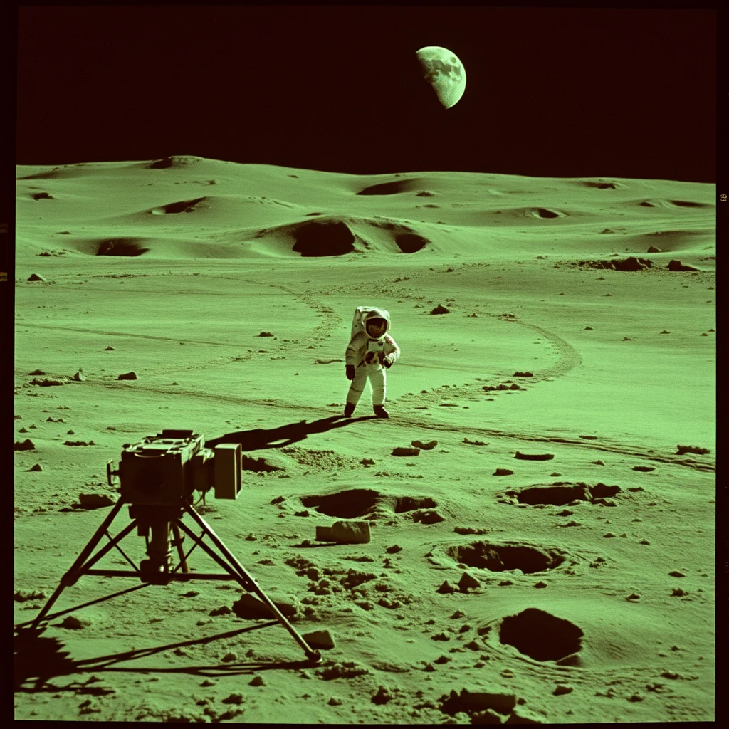 Lost footage of the moon landing revealing green screens, low quality, 1960s film, camcorder, dated for 1968. Grain, 40mm.