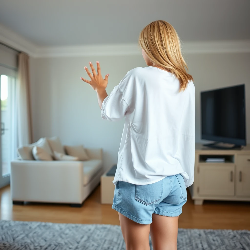 Side view of a blonde, slender woman in her spacious living room, wearing an excessively oversized white t-shirt that hangs a bit unevenly on one shoulder, along with oversized light blue denim shorts. She is barefoot, without shoes or socks, and is facing her TV. Both her hands seem to disappear as they extend through the TV screen when she touches it.