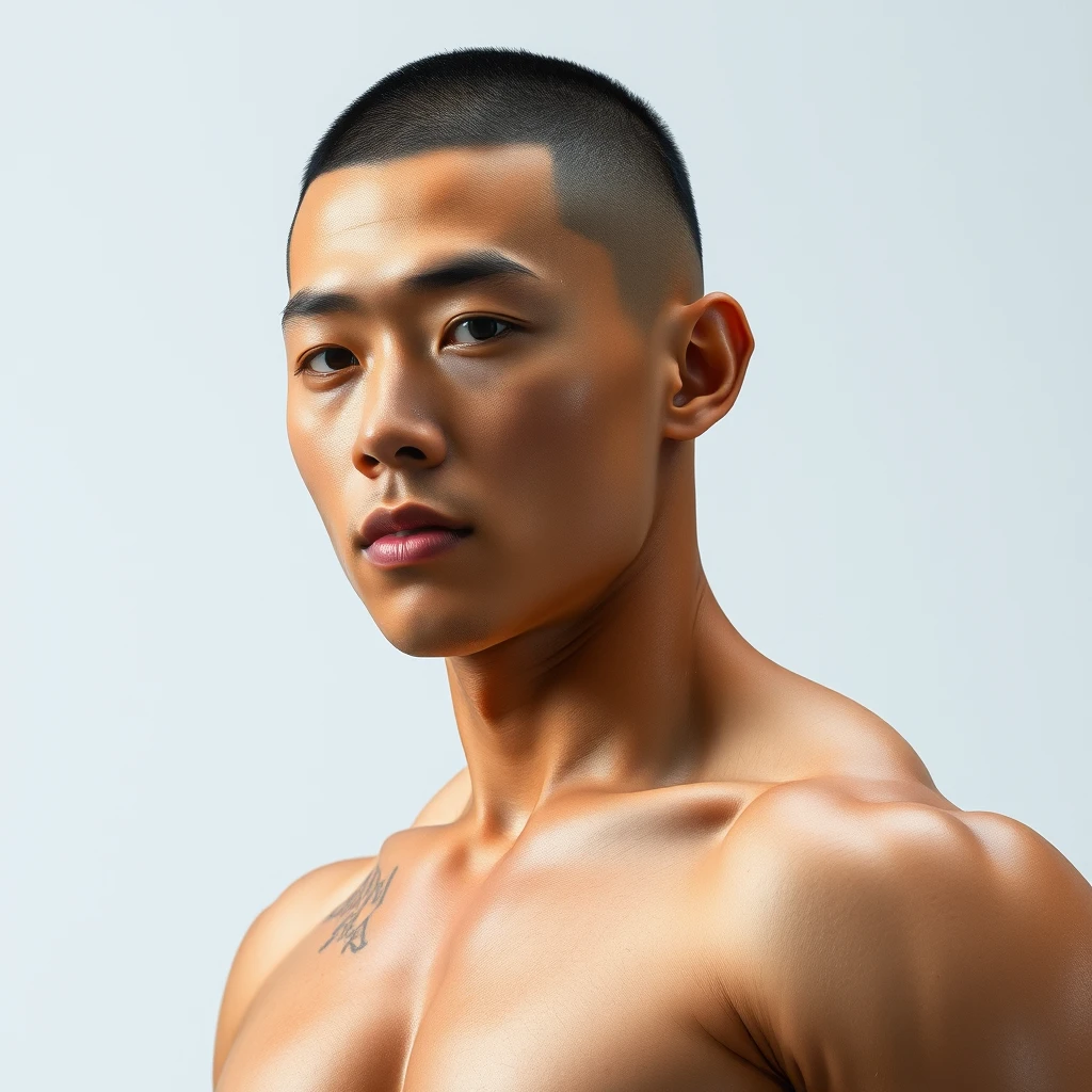 A full body portrait of a muscular Asian male with a buzz cut, high definition, 32k ultra high definition, realistic. - Image