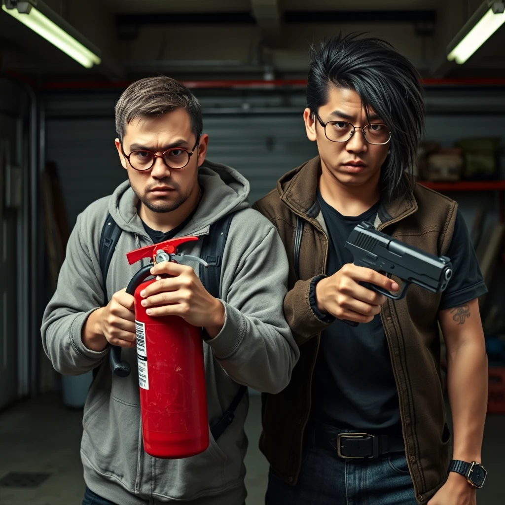 21-year-old European white Italian man with round prescription glasses and short hair holding a very large fire extinguisher flamethrower; 21-year-old northern Chinese man with long black hair mullet, square glasses, holding a pistol; both angry; murderous intent; garage setting.