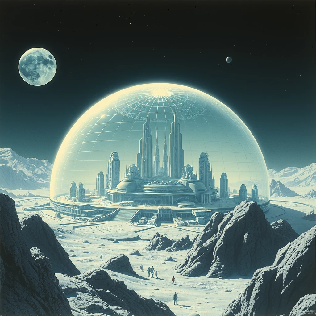 a futuristic city covered by a 90km diameter geodesic glass-dome, on the moon, as painted by Syd Mead.