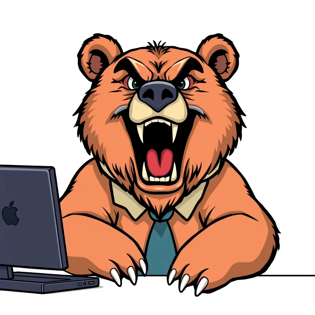 a aggressive bear in office, vector sticker, contour, Traditional animation style, adobe illustrator, pure clean bright solid background - Image