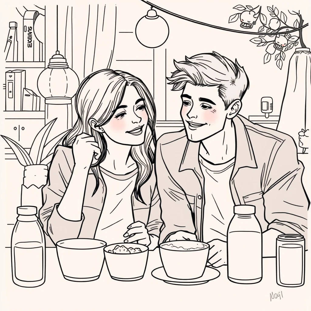 young couple's daily life.lineart