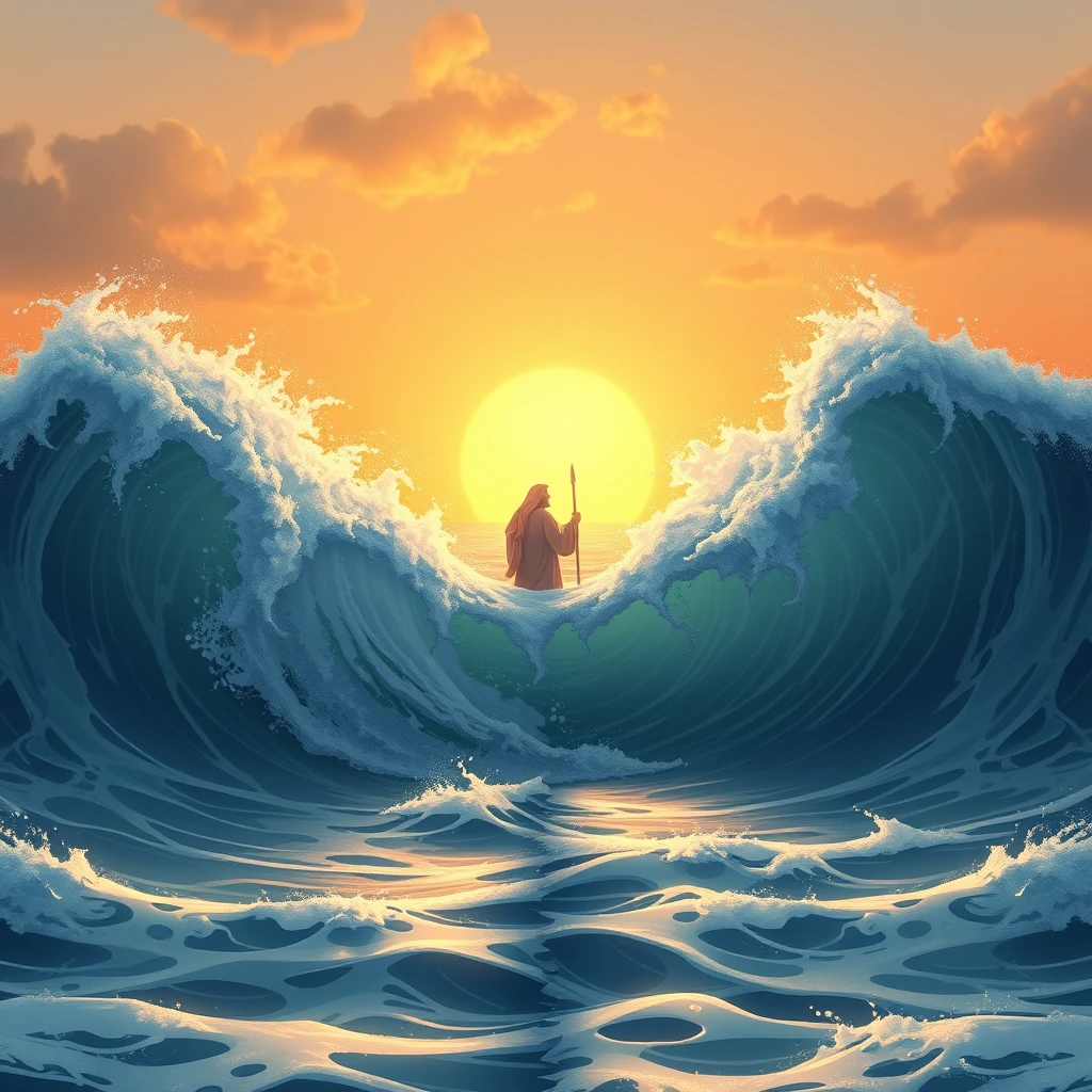 An ancient Arabian man split the sea into two parts so that the waves were very high to the left and right, animation. - Image