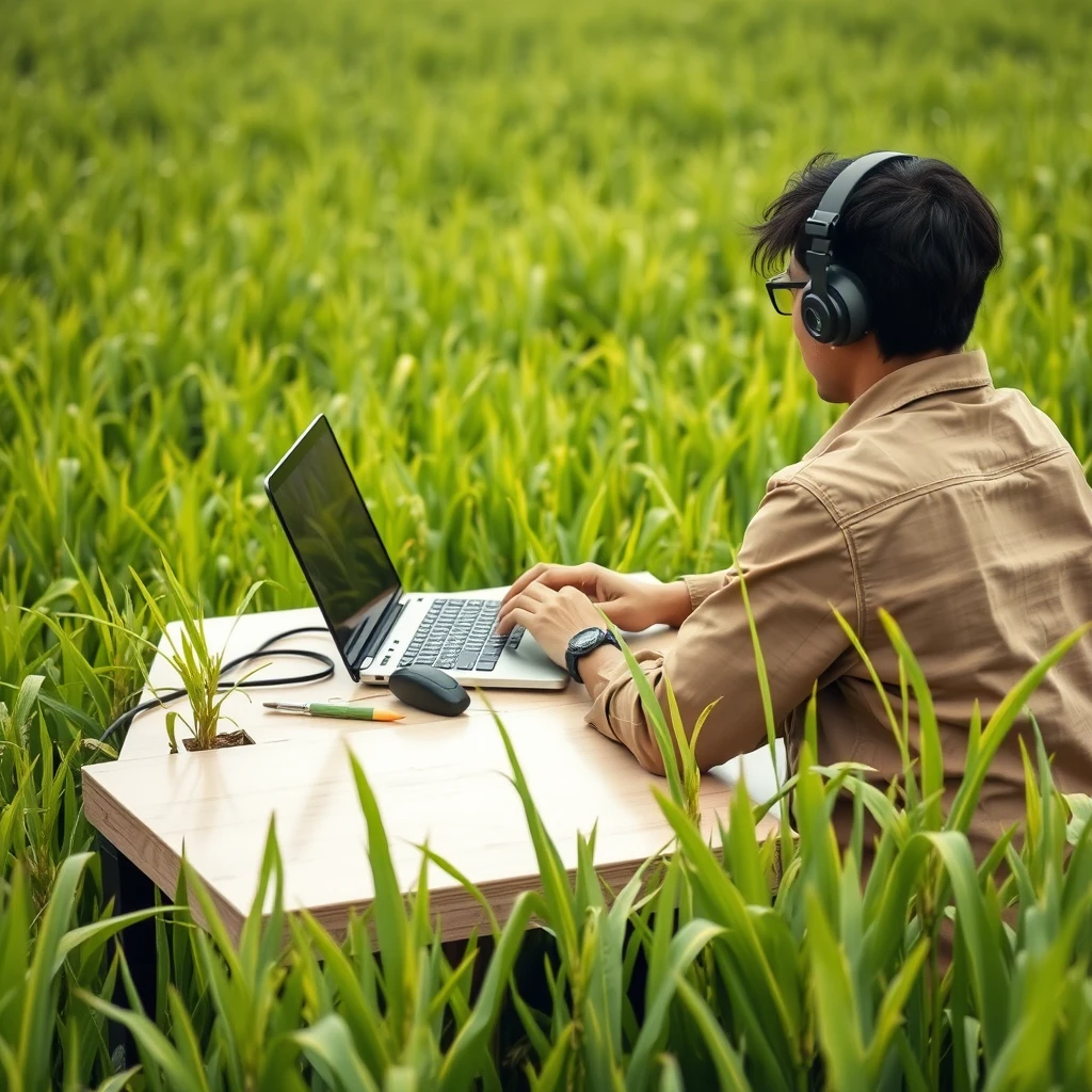 'an IT person is coding in the middle of a lush rice field at a table, where the rice plants are even crawling onto the IT person's table, CLOSE UP SEEN FROM BEHIND.' - Image