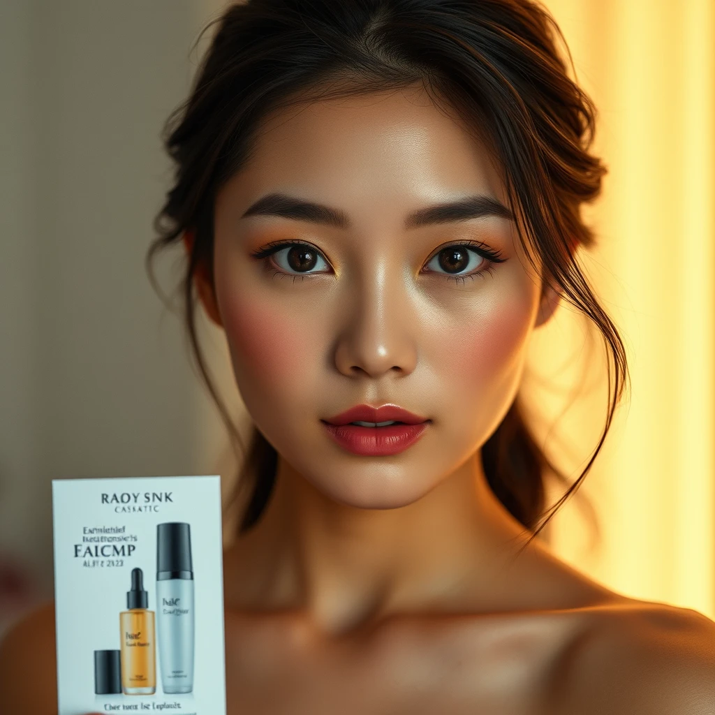 "An actual photo of an Asian woman with luminous skin, featuring a poster endorsing cosmetic products." - Image