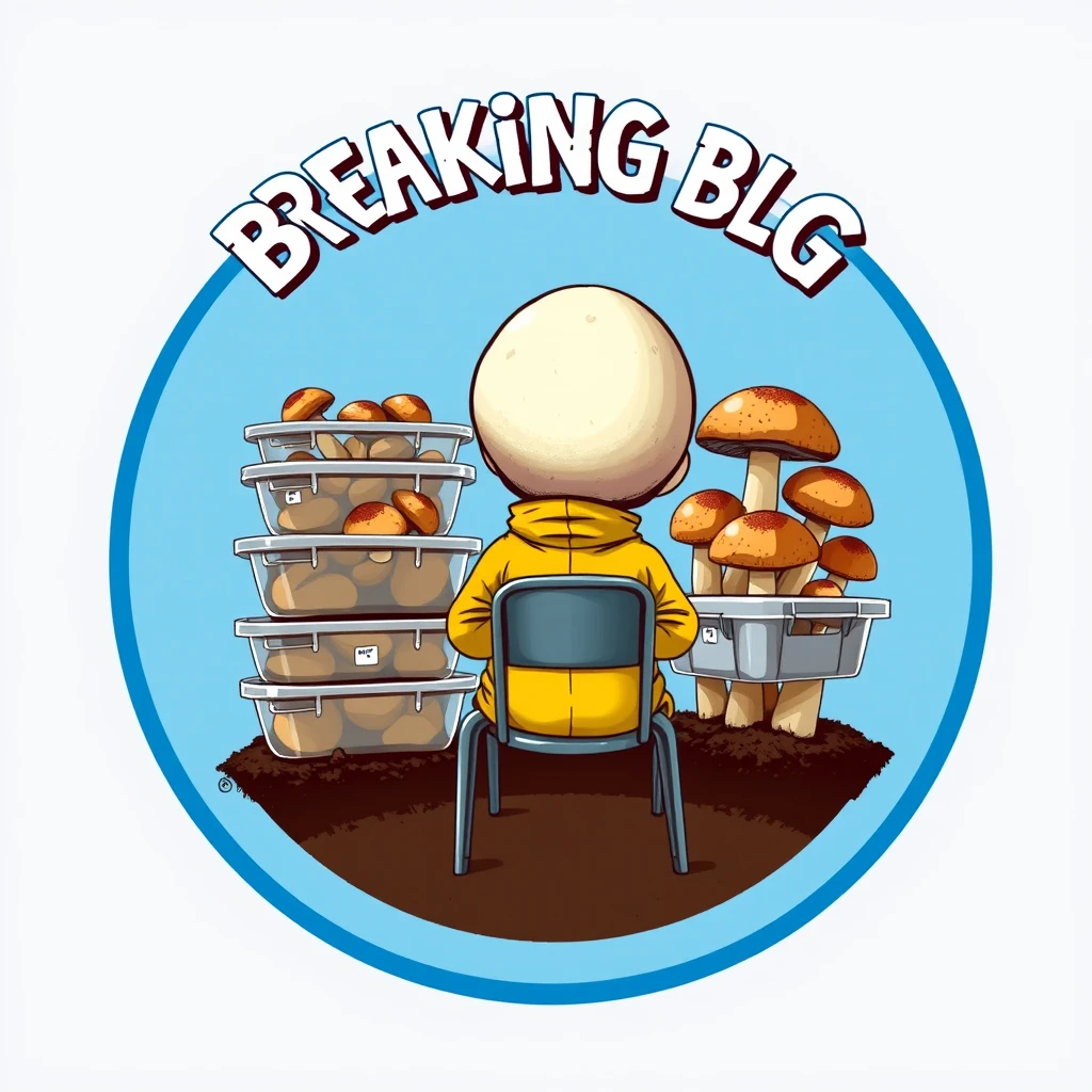 Create a realistic logo featuring a title in bold painted typography saying "BREAKING BLUE". In the logo, a realistic brown cap white stem mushroom character wearing a yellow hazmat suit is sitting on a metal chair, facing forward. The character has dark rim glasses. Stacked clear rectangular plastic totes are filled with brown cap white stem mushrooms growing from brown soil. There is a circular border. The design parodies Breaking Bad.