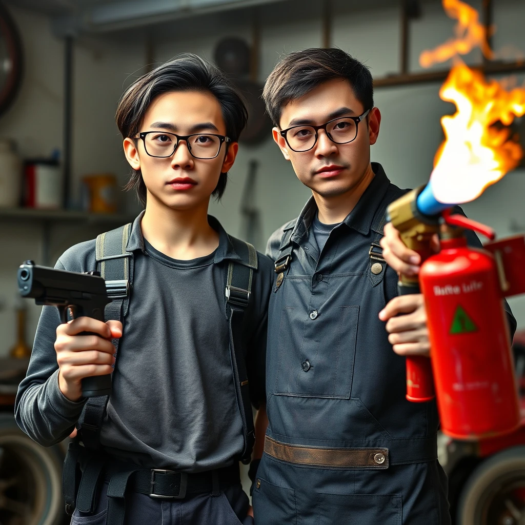 21-year-old white thin long-faced young adult northern Chinese man with a square chin, wearing square glasses, holding a pistol, "medium/long length hair," "chicom chest rig"; 21-year-old Caucasian Italian man wearing round glasses and short hair holding a very large fire extinguisher flamethrower, wearing a welding apron; garage setting; both angry.