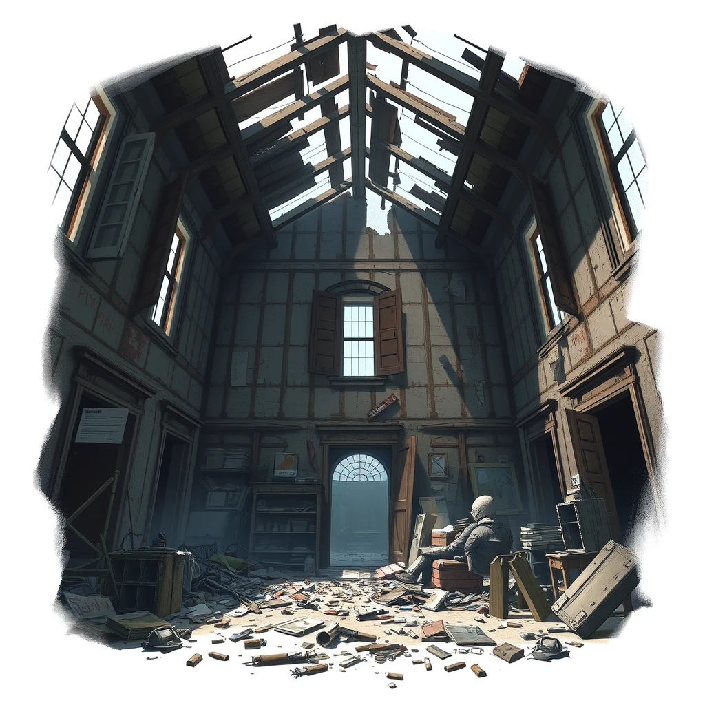 Apocalyptic Scene, Abandoned Building, Interior, Broken Roof, Concept Design, Game Design, 16:9, Excellent Composition, Complex Items, Cluttered Items, Lots of Items, Bottom View.