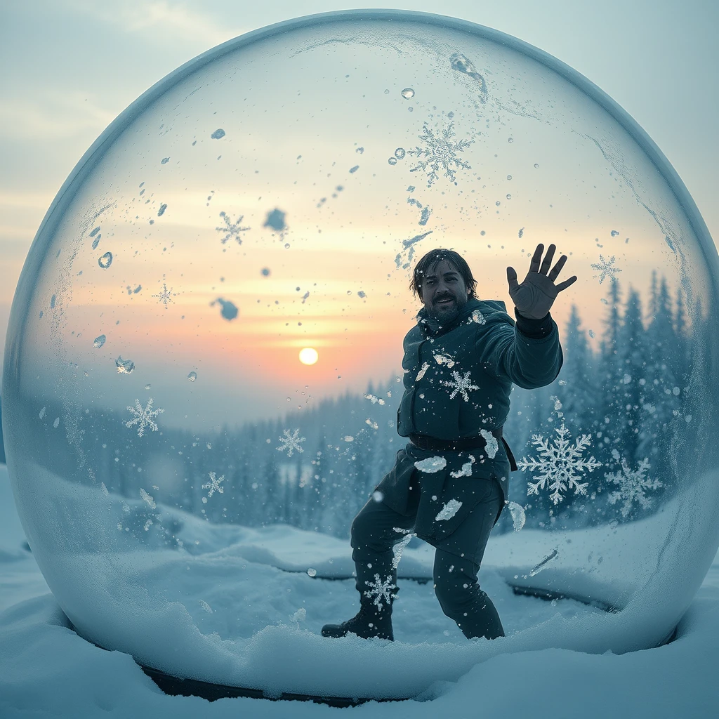 **Theme and Atmosphere**:  
"Place of Helplessness: A man wearing thin clothing and looking haggard stands inside a huge transparent glass dome, pounding on the glass dome with all his might, but to no avail. Snow surrounds both inside and outside, creating a desolate and profound world."  
  
**Background Setting**:  
- "The background is filled with swirling snowflakes and the hazy outlines of a forest, as the setting sun sinks low, the remnants of the sun appearing blood-red."  
- "In the distance, the faint outline of a forest is barely visible amidst a blurry expanse of snowy woods, adding depth to the composition."  
  
**Glass Dome and Snow Scene**:  
- "The glass dome displays a transparent quality, filled with pure white snowflakes, rich in detail and distinct layers, echoing the snowflakes outside."  
- "The edges of the dome may be slightly blurred to enhance the sense of transparency and spatial depth."  
  
**Character Depiction**:  
- "The man is dressed in thin clothing, his haggard face and deep-set eyes reflect his struggle as he pounds on the glass dome, gazing towards the distant hazy sun. It aims to convey the man's struggle and resistance, yet a sense of helplessness prevails."  
  
**Emotion and Meaning**:  
- "The entire image aims to convey a sense of beauty in helplessness and loneliness, allowing viewers to feel the harmony between the man’s inner world and the outer environment."  
- "Through the metaphor of the glass dome, one can explore the barriers and connections between the individual and the outside world, as well as the insignificance of man in the face of life's challenges."  
  
**Details and Decorations**:  
- "Pay attention to the handling of light and shadow effects, using the light reflected by the snowflakes to enhance the brightness and layers of the image."  
- "Without compromising the overall atmosphere, small decorative elements can be added, such as falling snowflakes, grass and trees swaying in the cold wind, etc."  
  
**Style and Techniques**:  
- "Please use delicate and emotionally rich brushstrokes for the creation, focusing on the harmonious pairing of colors and light and shadow."  
- "In terms of composition, attention should be paid to balance and contrast, ensuring that the image is stable yet maintains a sense of motion. A two-dimensional style."