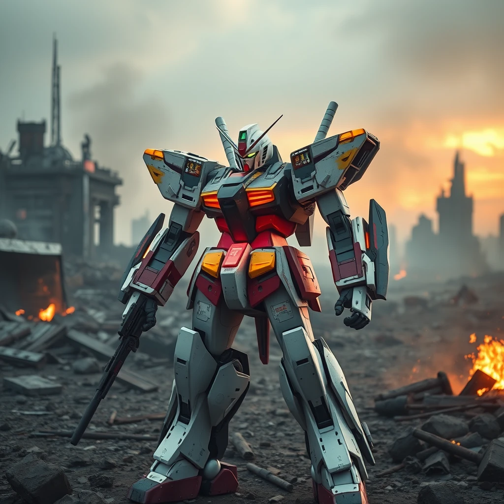 hype realistic gundam mech standing in a dystopia battlefield, realistic reflections, battle damage on the gundam, smoldering ruins, 8k, cinematic, dynamic camera angle - Image