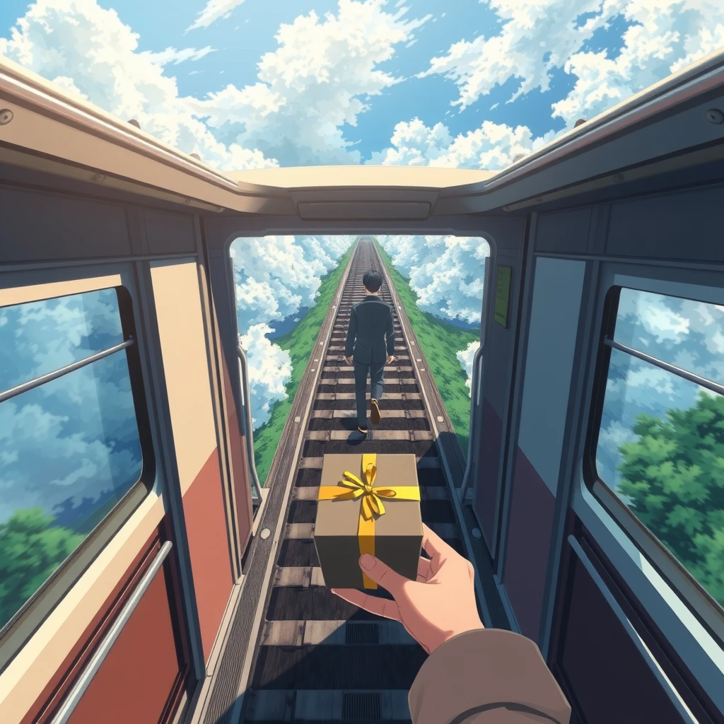 View from above, a man walking on a train which is moving towards the sky. A present box dropped from her hand, anime. - Image