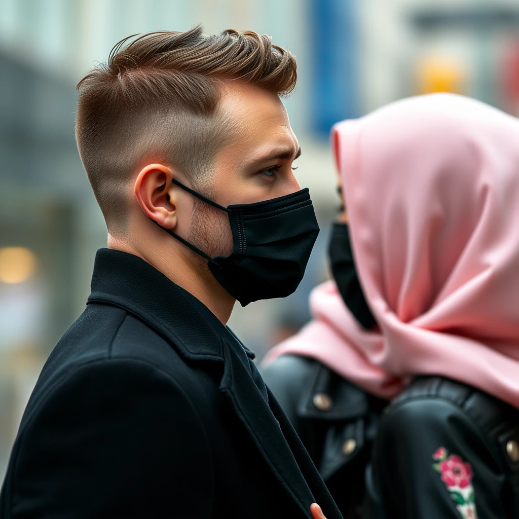 Jamie Dornan's face, hair, and body shot, handsome, young, shaved, face mask black, black coat suit, dating love with the biggest soft pink hijab girl, black leather jacket, face mask black, biggest floral skirt, hyper realistic, street photography. - Image