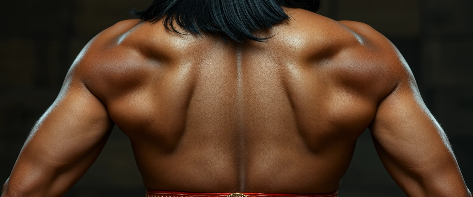 Close-up view of an unrealistically highly muscular back with big shiny muscles of a tall Korean-Indian woman, hair spread, wearing gold ornaments on her waist and neck.