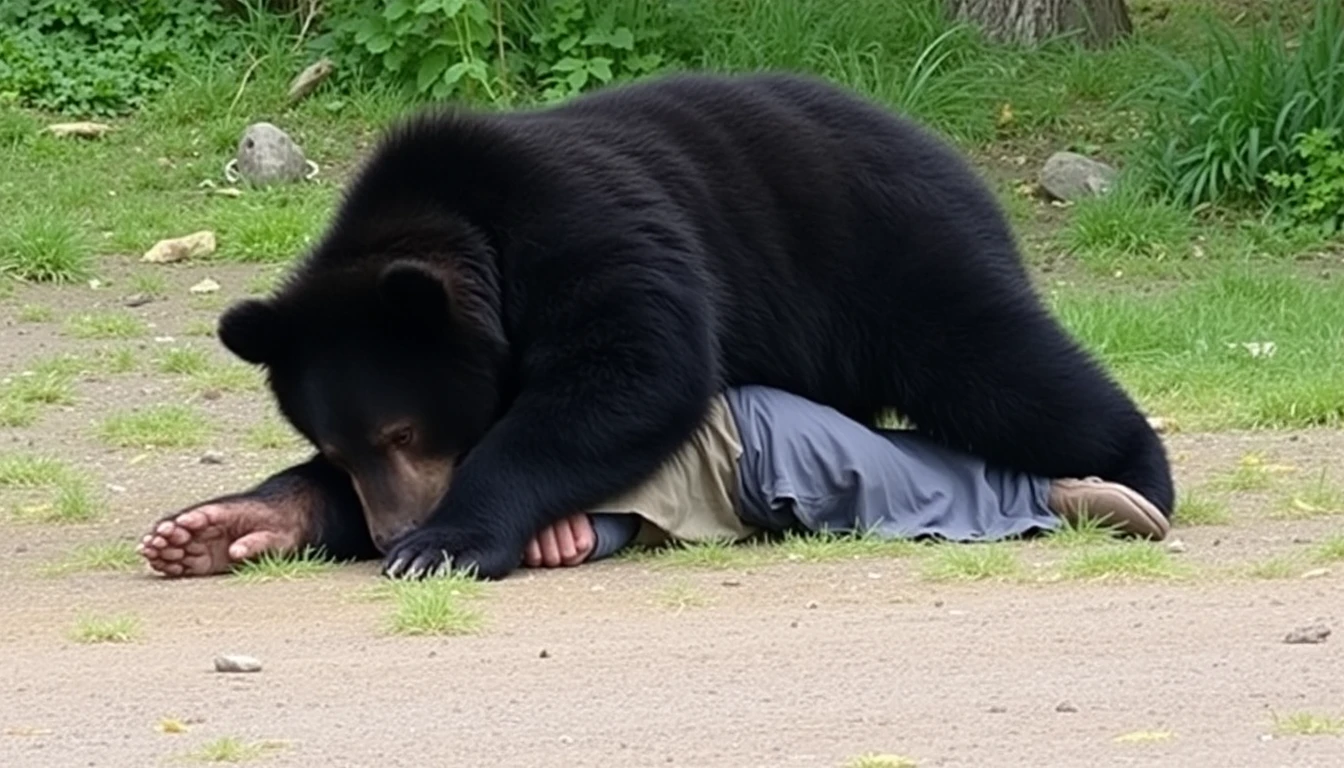 A strong black bear is pinning down a person lying on the ground. - Image