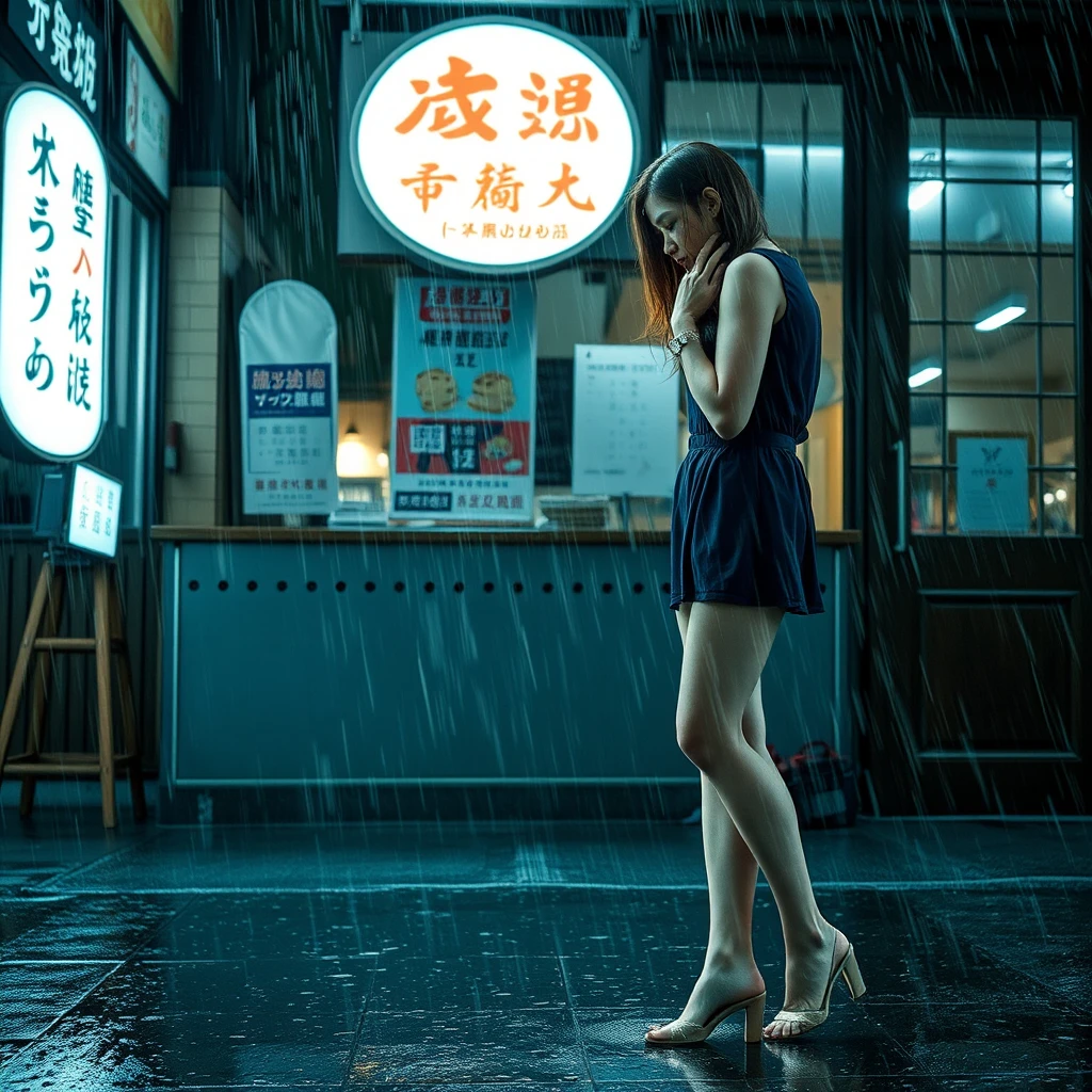 A young woman is outside a restaurant, caught in a storm, and you can see her shoes. She is drenched from the rain, and outside the restaurant, there is a sign from which the words can be clearly seen, including Chinese characters or Japanese. - Image