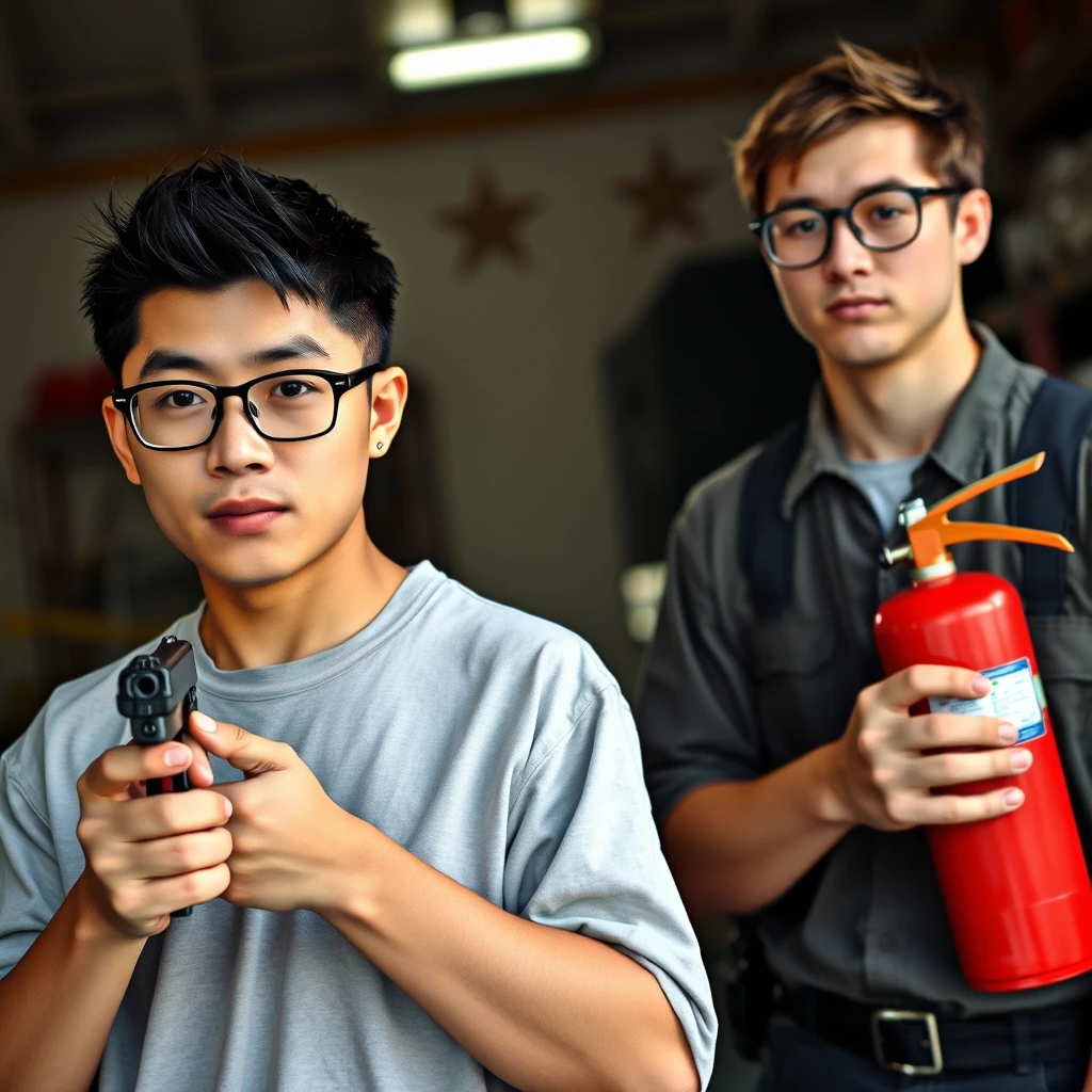 21-year-old white Chinese man with square glasses, mullet hair, holding a pistol; 20-year-old white Italian man with round prescription glasses and short hair holding a large fire extinguisher, garage setting.