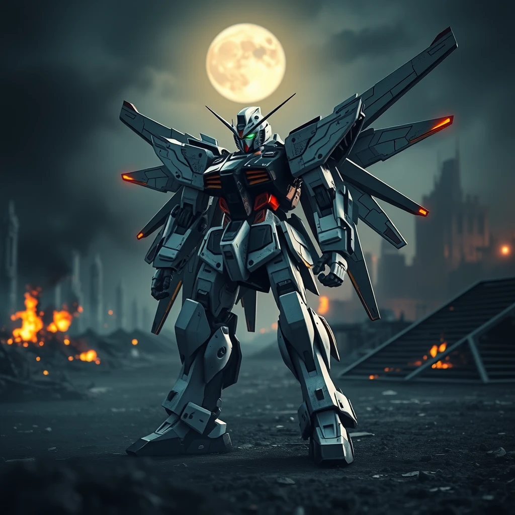 Hype realistic Gundam Wing mech standing in a dystopia battlefield, realistic reflections, battle damage on the Gundam, smoldering ruins, 8k, cinematic, dynamic camera angle, atmospheric lighting, dark and gritty, moonlight, realistic surfaces, sharpened image, bokeh, depth of field. - Image