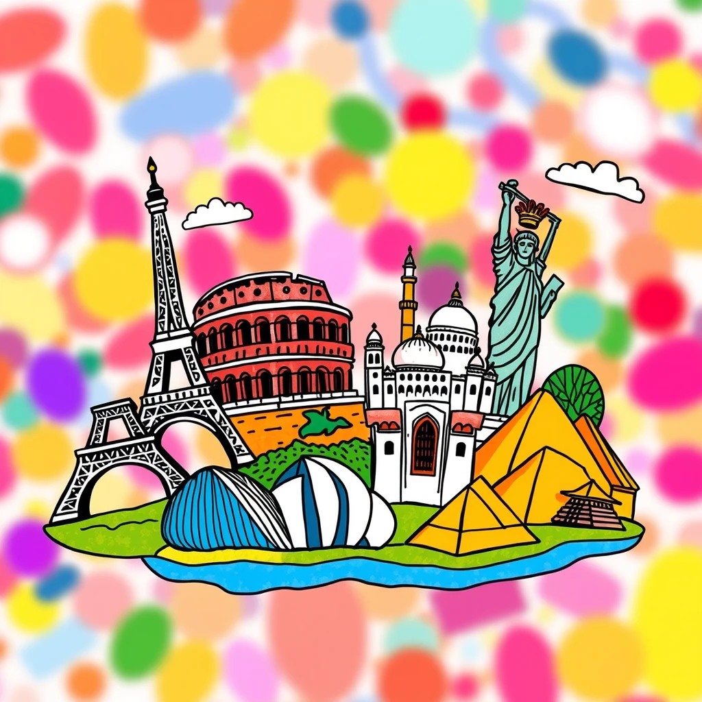 A colorful and vibrant illustration of a doodle showcasing the most famous tourist spots around the world. The Eiffel Tower in Paris, the Colosseum in Rome, the Great Wall of China, the Statue of Liberty in New York City, the Taj Mahal in India, the Sydney Opera House in Australia, and the Pyramids of Giza in Egypt are all beautifully rendered in a whimsical style. The background is a playful blend of colors, and the overall feel is energetic and full of life., vibrant, illustration. - Image