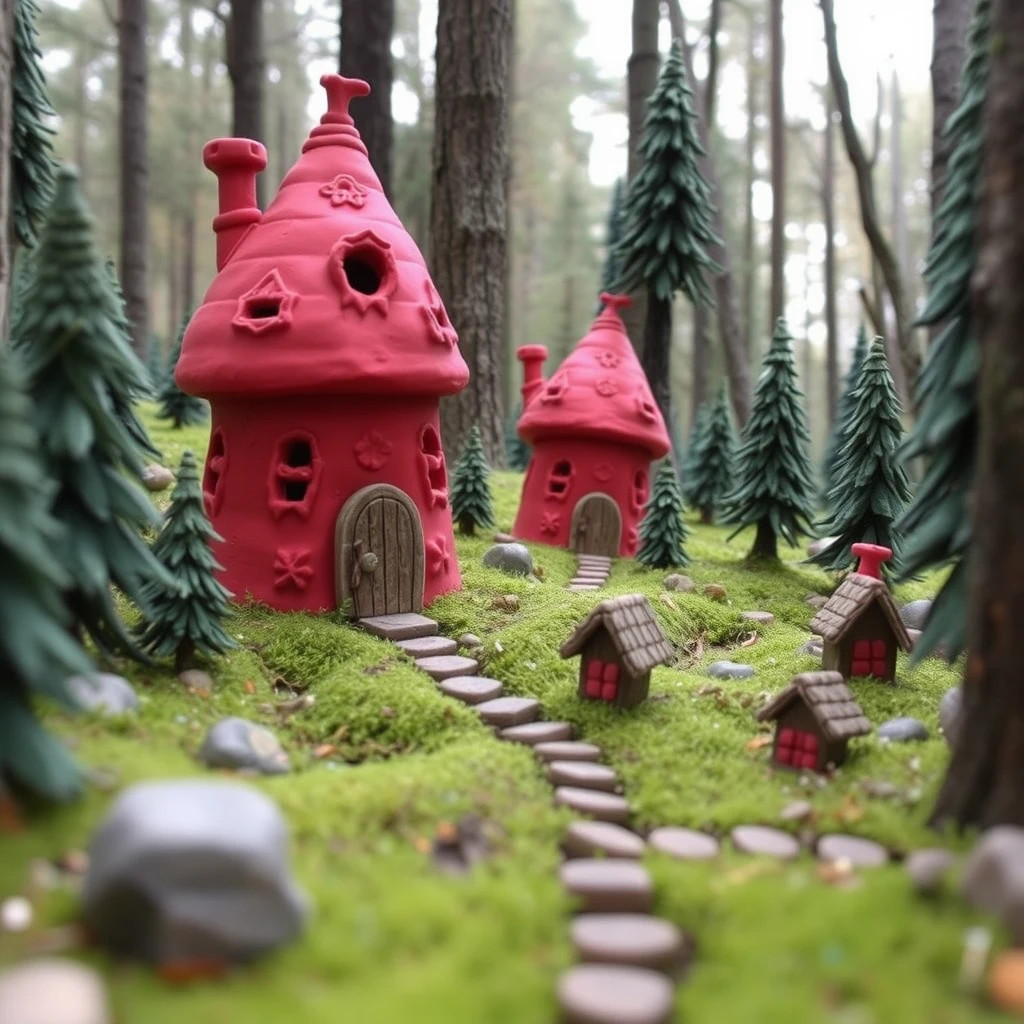 Evil red giant houses made from modeling clay in the forest. - Image