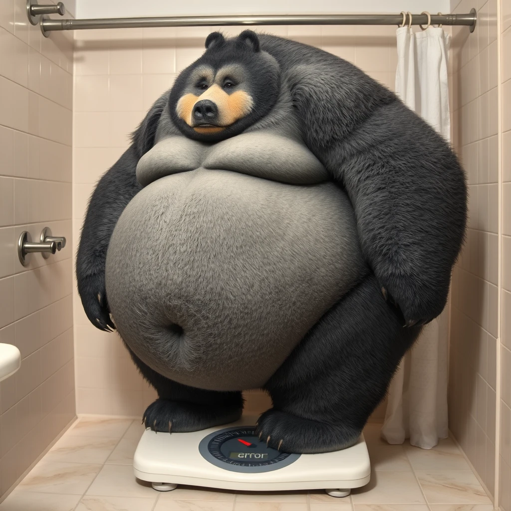 Quarter view, anthropomorphic obese gray bear, standing on a large scale that reads "error" and sporting sparks and breaking down. Gray and black fur with tan and white fur markings. He has a heavyset body, wide fat bottom, and fat wide double chins. Full body, uncropped, fluffy fur. In bathroom before taking a shower.