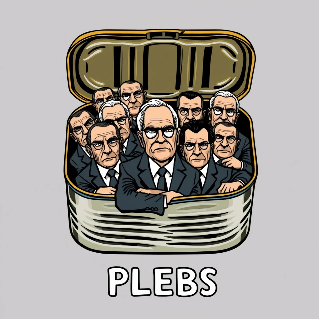 A playful tee shirt design of an open sardine can with the twist off top full of live rich old dudes packed shoulder to shoulder in business suits with scowls on their faces with the text "PLEBS" underneath as a tee shirt design. View from the front.