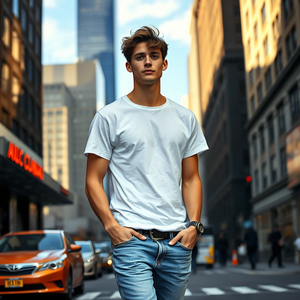 A male model, 30 years old, with brown hair, wearing a white t-shirt and blue jeans, in the middle of New York City. Shot on an iPhone, real human.