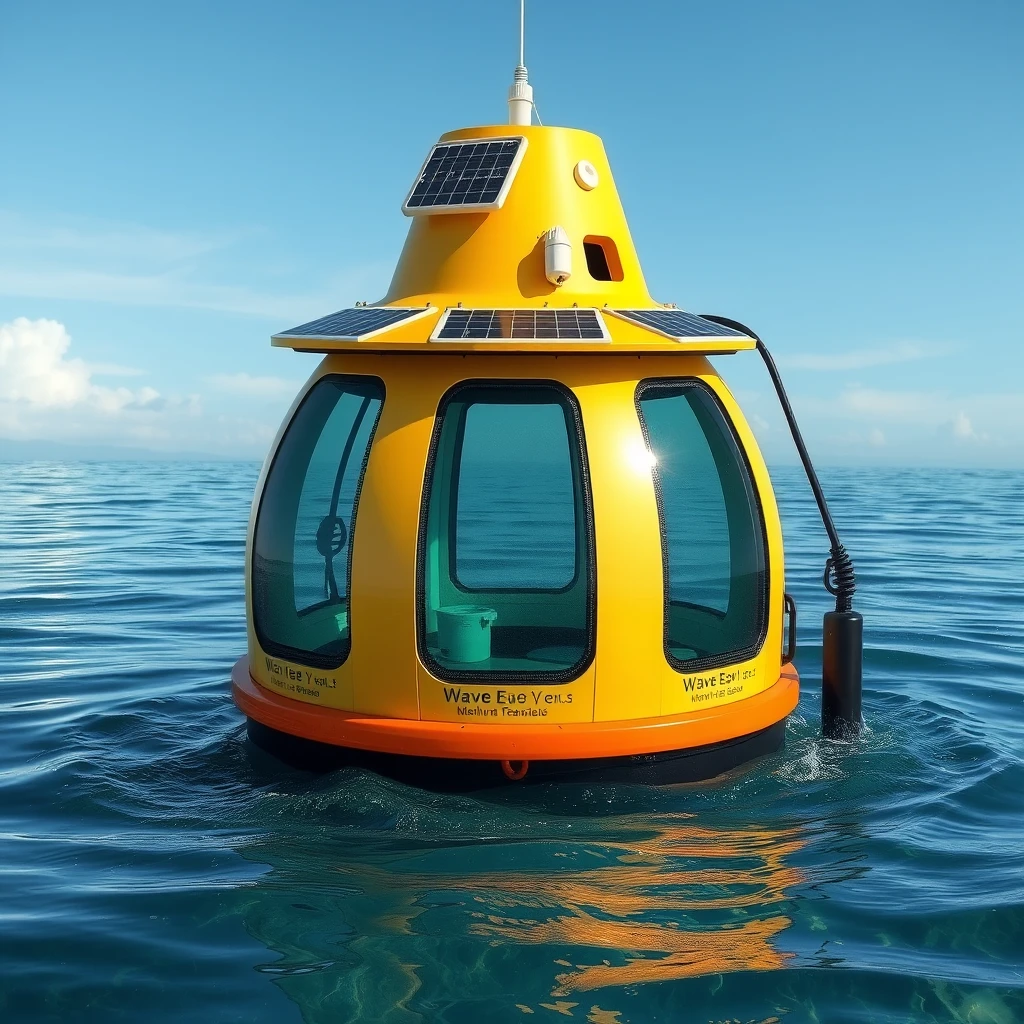 Stunningly beautiful marine buoy, powered by solar panels, with technology that smartly measures physical parameters of wave heave, underwater temperature, BOD status. - Image