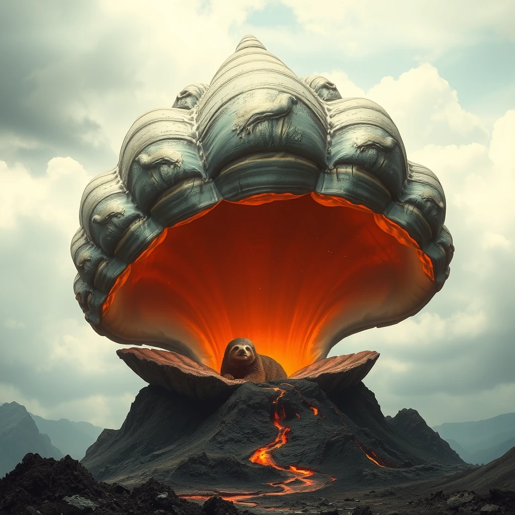 A giant shell with a sloth in it dramatic volcano - Image