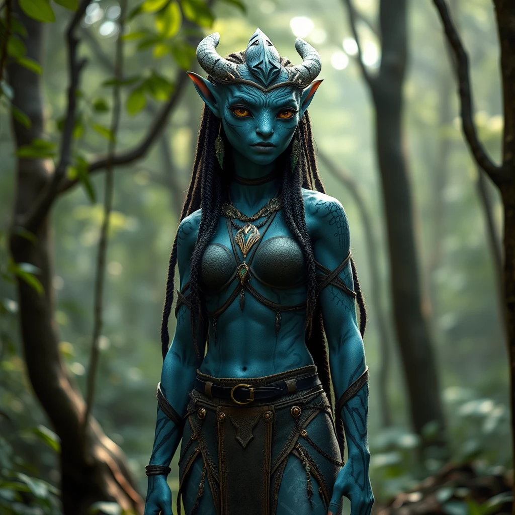 A female Na'vi from Avatar standing in the forest.