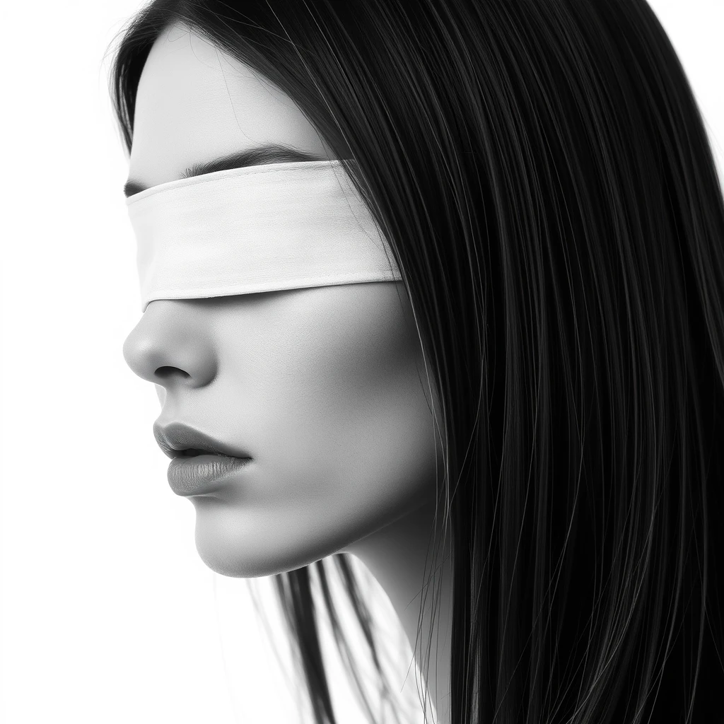 Blind Justice female face, side face, Straight hair, black and white color