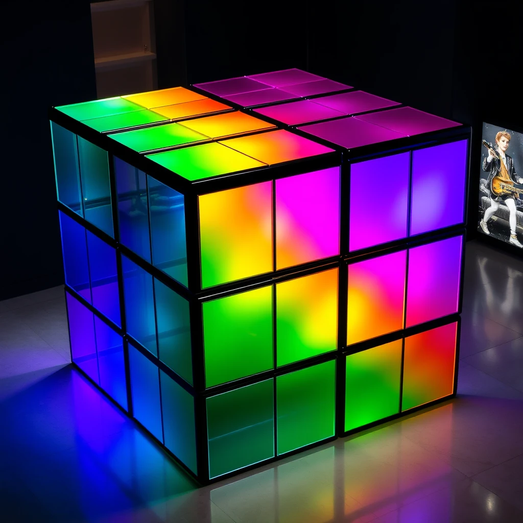 A giant Rubik's cube made of iridescent glass.