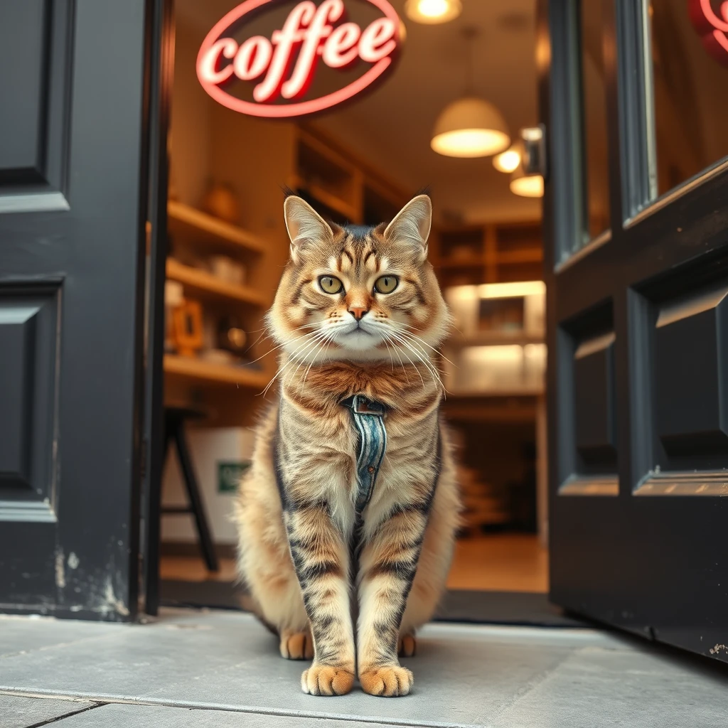 A cat in jeans, standing in the doorway of a coffee shop