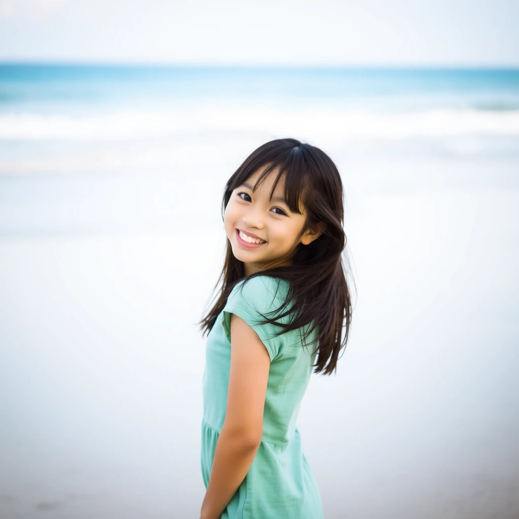 "Beach, Asian girl, smiling, facing the camera, hands behind her back."