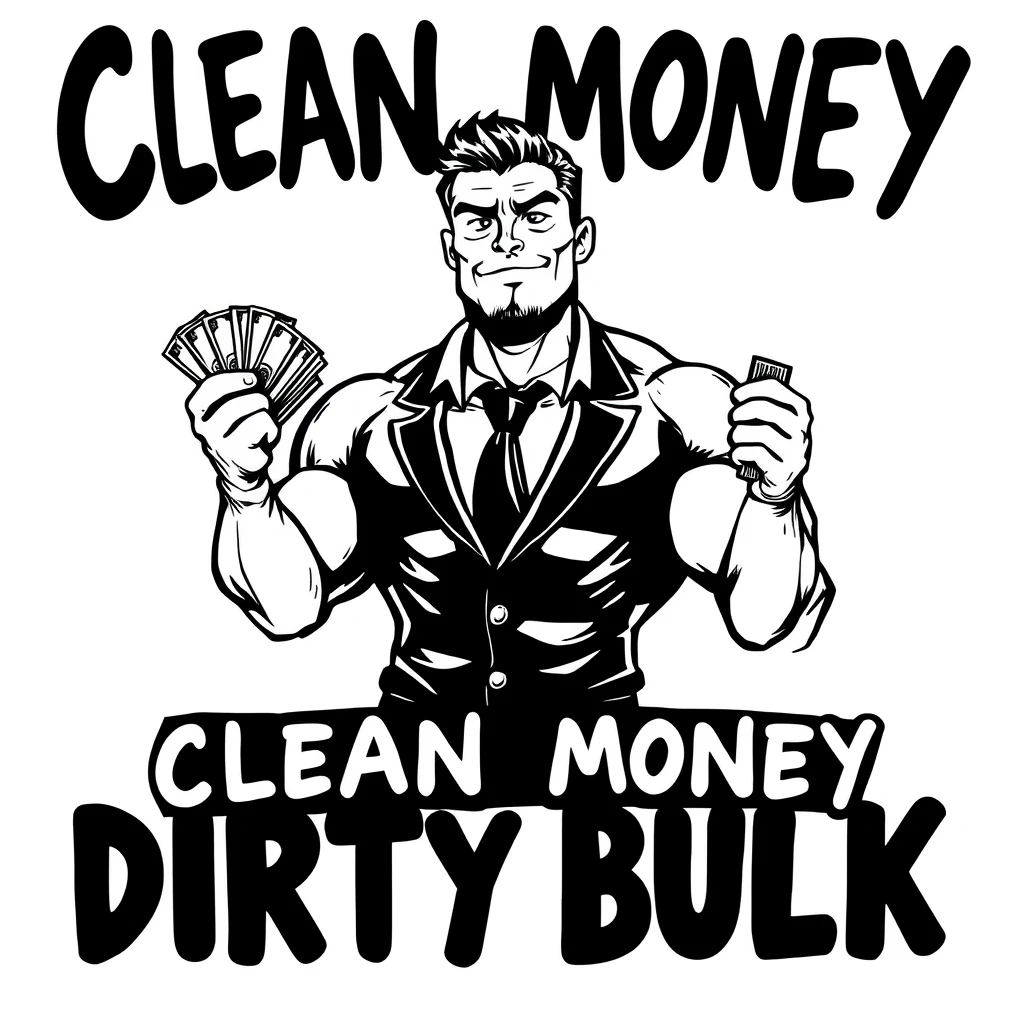 A dot comic ink black monochromatic style of a muscular business gigachad holding a wad of cash. Text says “Clean Money Dirty Bulk.”