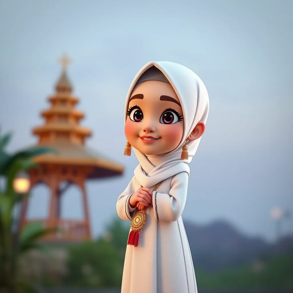 "Create a 3D animated cartoon of a Muslim woman from Palembang wearing a long white gamis. The character should be highly detailed with 8K resolution. Focus on traditional Palembang features and cultural elements." - Image