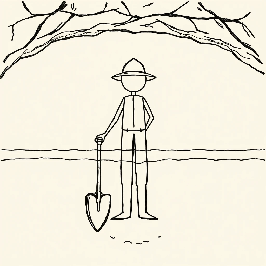 /image prompt: figure, miner, hat, shovel, line drawing, cross-section, underground, water level, persistence, missed opportunities, irony, perseverance, HD, 16k --ar 16:9 --v 6.0