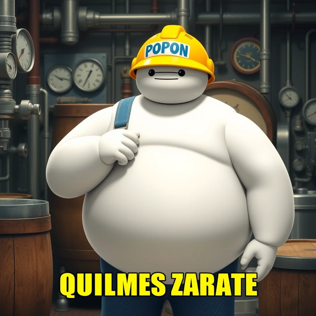 Baymax in a beer bottling facility surrounded by machinery, a barrel, gauges, wearing a blue denim uniform and a yellow helmet that has the word POPON written on it, and below in the photo the caption QUILMES ZARATE. - Image