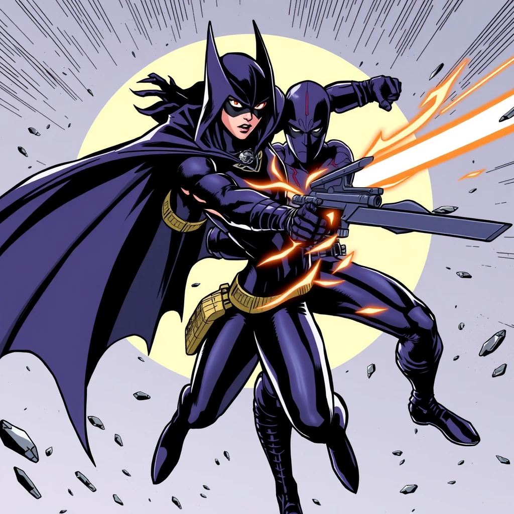 Raven from Teen Titans, comics style, fighting Deathstroke.