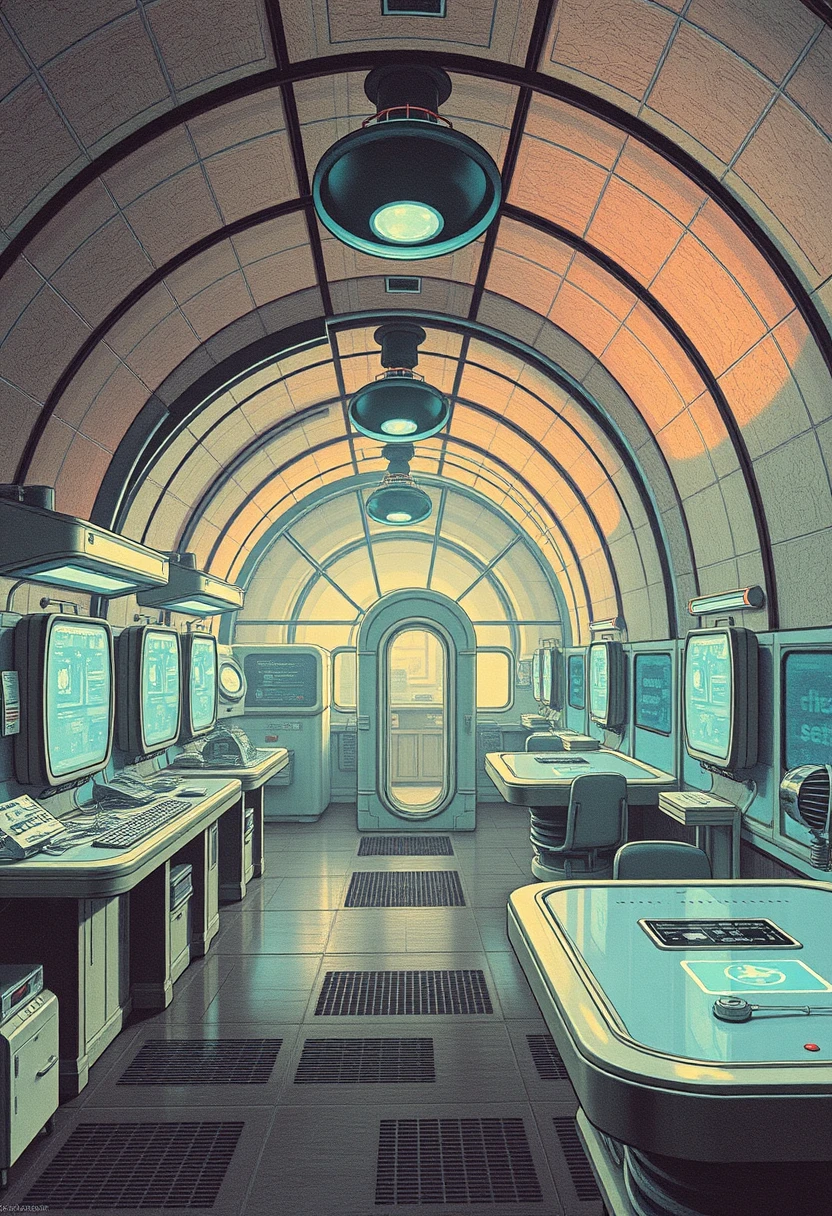 Retro vintage sci-fi art, cloning facility.