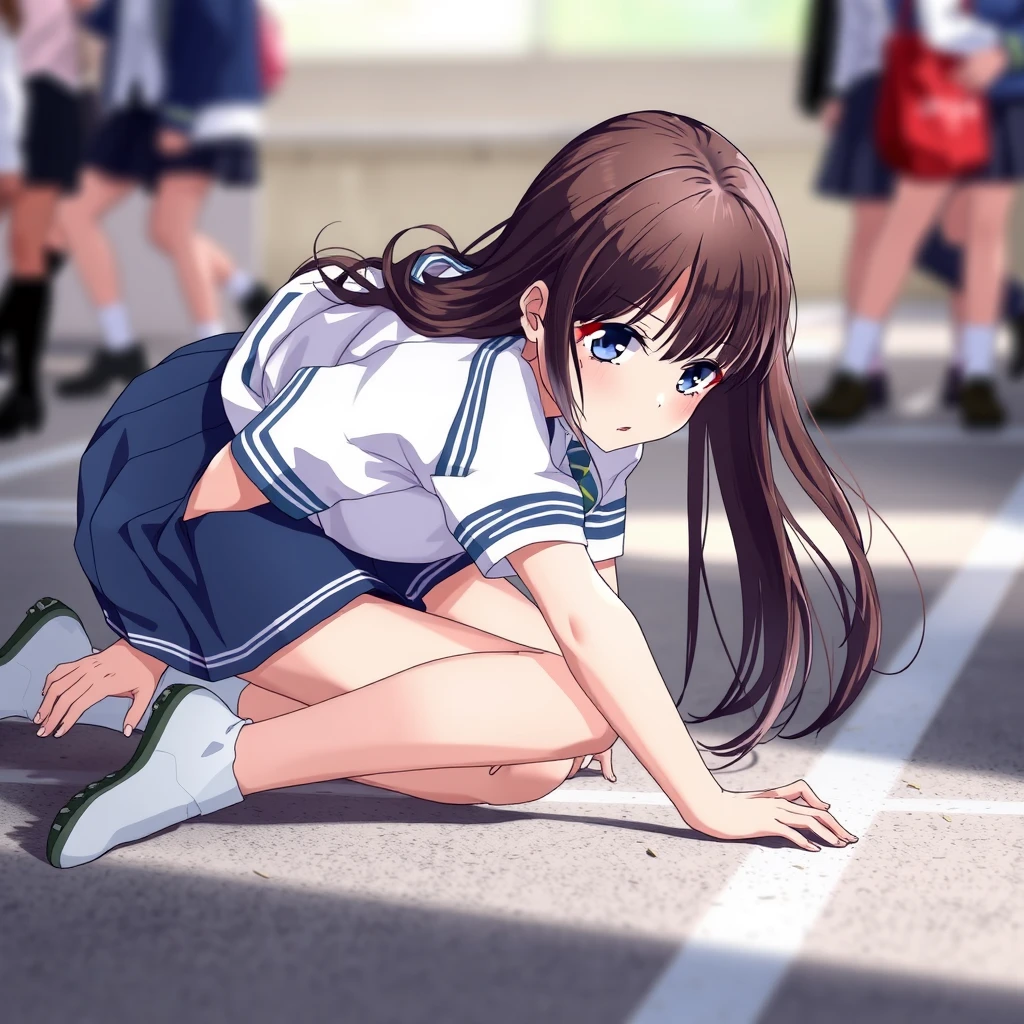 A female student in a school uniform skirt is crawling on the ground, revealing her beautiful legs. - Image