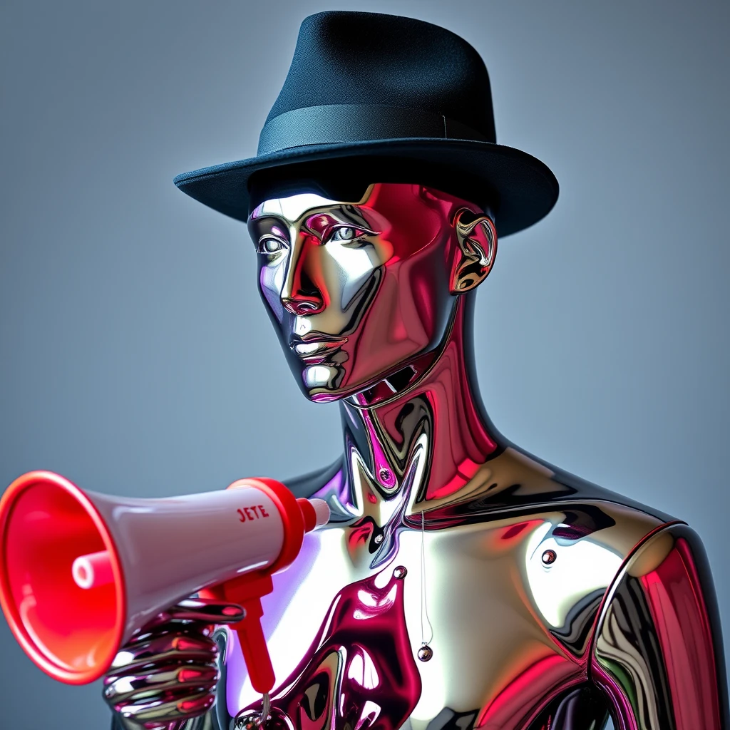 a mystical reflective chrome-skinned mannequin with an oil slick color, with no facial features, wearing a fedora and holding a fake megaphone.