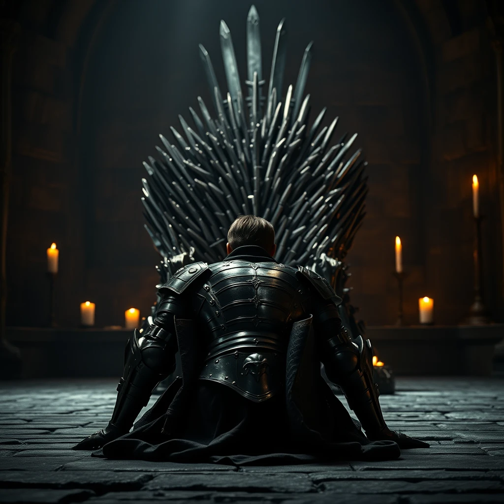 [Scene] The scene is captured with a cinematic grandeur, reminiscent of a still from a historical epic. The setting is a cavernous, dimly lit throne room in a medieval European castle. Looming in the background is the iconic Iron Throne, its jagged edges and harsh silhouette a symbol of power and dominance. The cold, metallic sheen of the throne contrasts sharply with the rough-hewn stone walls and the flickering candlelight that casts long, dancing shadows across the scene.  
[Character] In the foreground, a handsome and powerfully built king, clad in full plate armor, is prostrated before the Iron Throne, his back to the camera. His armored form is humbled, his head bowed low to the ground in prayer. The weight of his crown and the burden of his responsibilities are palpable in his posture. - Image