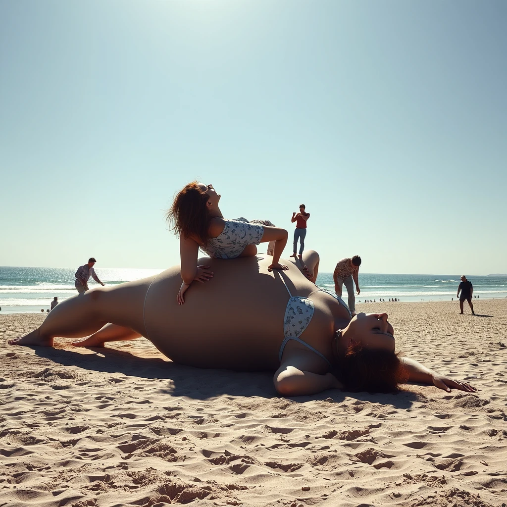 giant stunning plus-sized woman laying in a bikini on the beach, realistic shadow, people climbing her body - Image